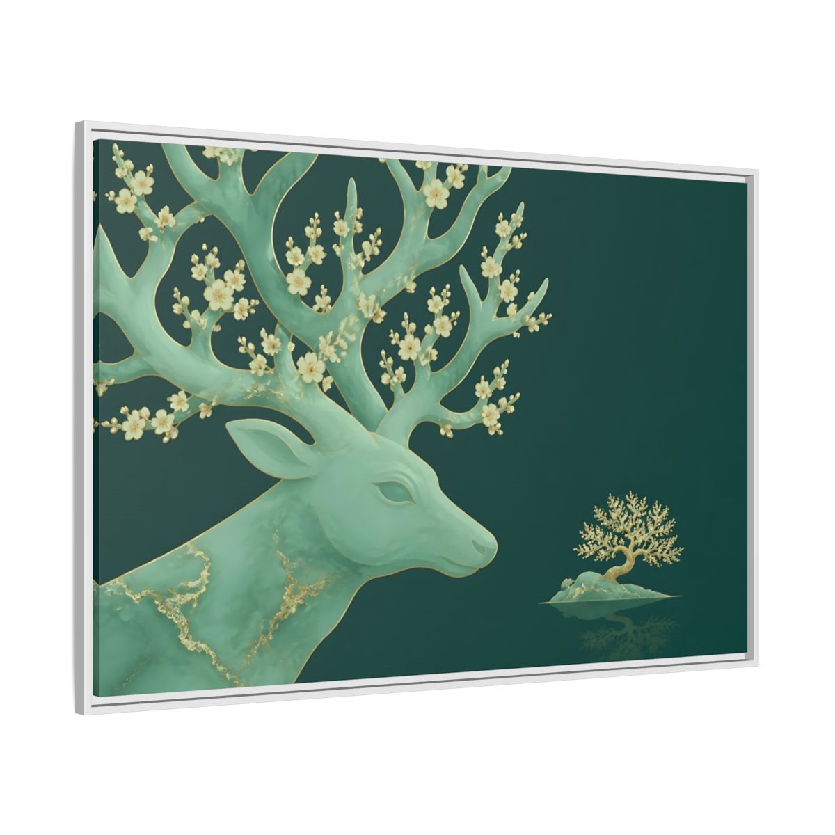 Side Mockup 7. Blossoming Jade Stag shown as framed canvas print
