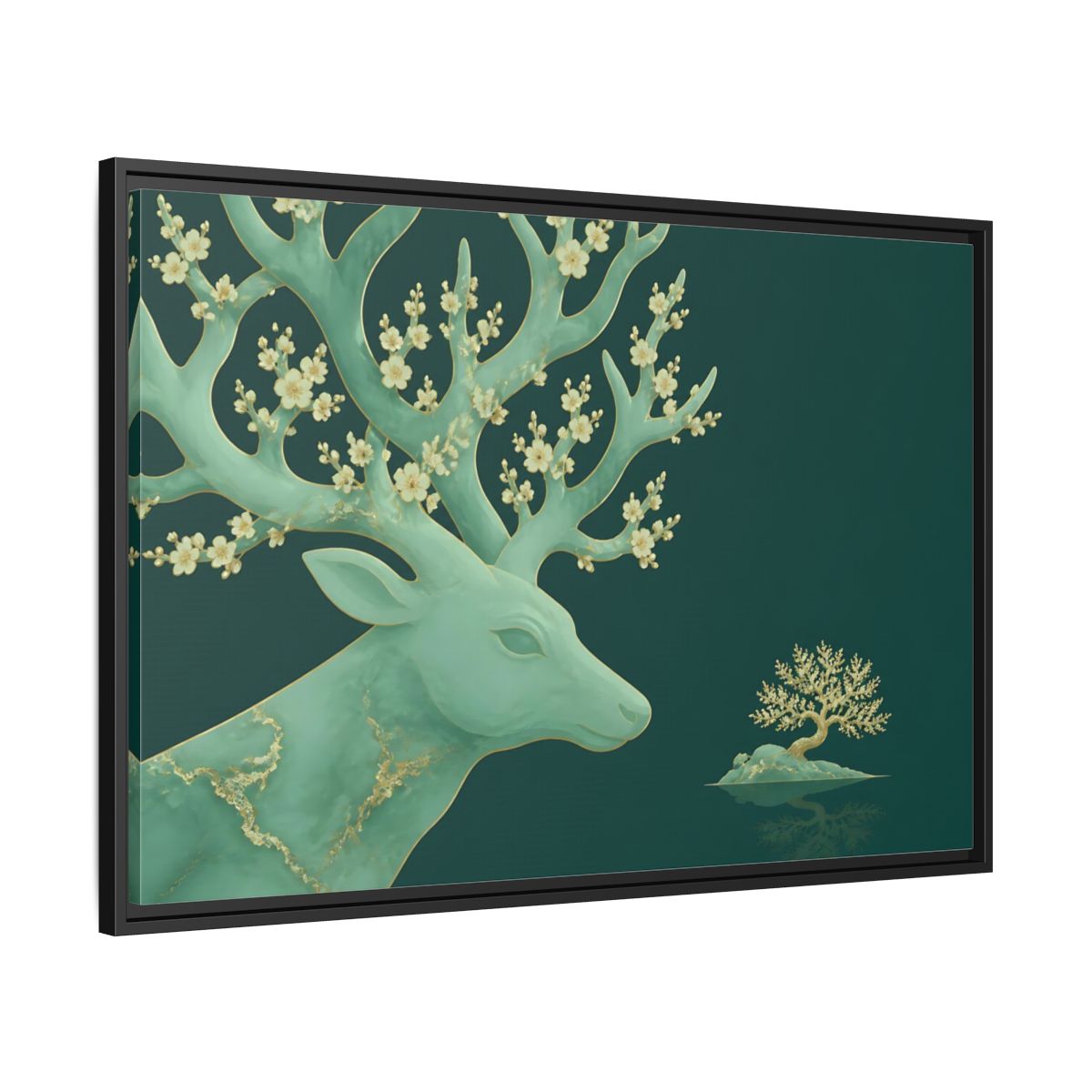 Side Mockup 13. Blossoming Jade Stag shown as framed canvas print