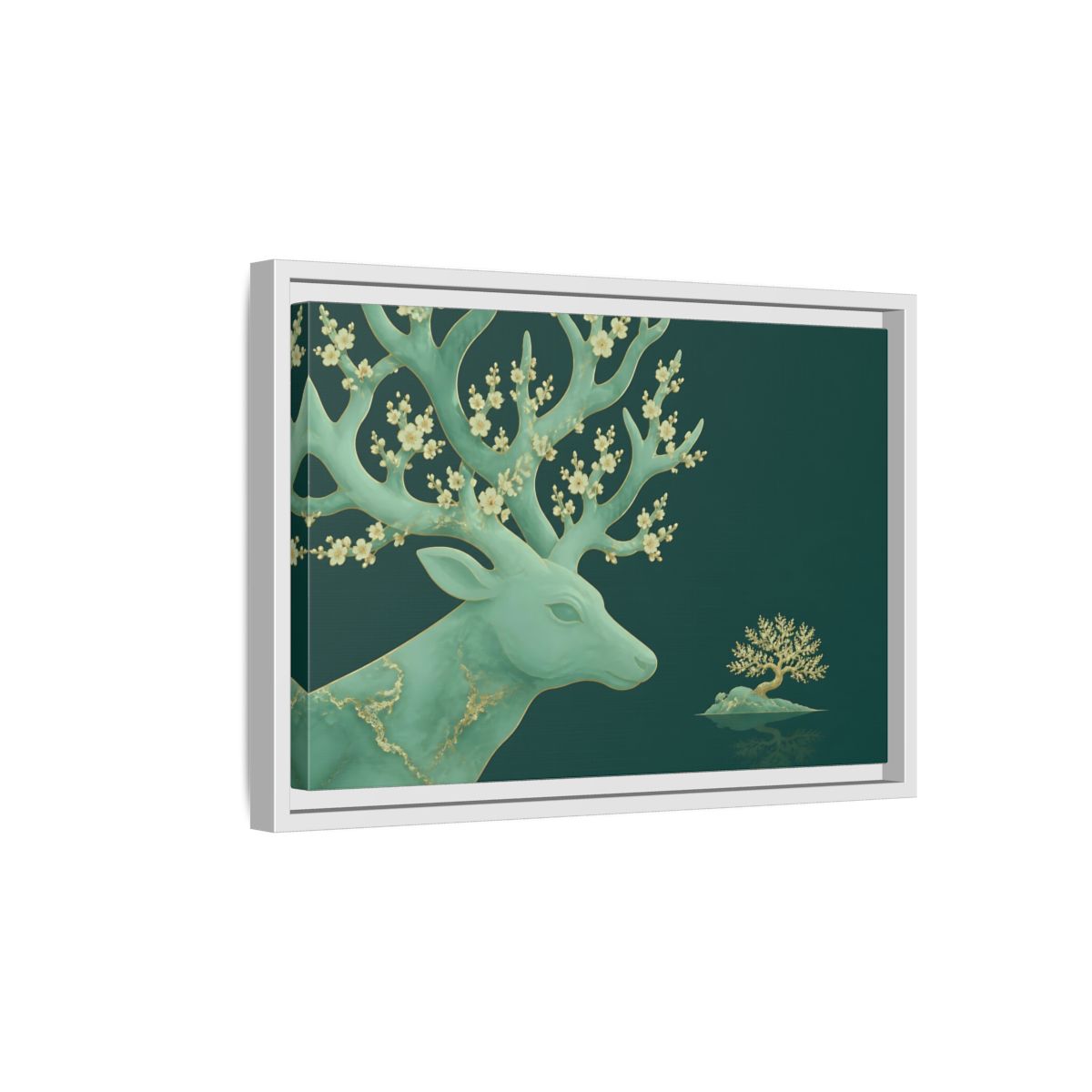 Side Mockup 4. Blossoming Jade Stag shown as framed canvas print