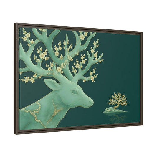 Main Mockup. Blossoming Jade Stag shown as framed canvas print