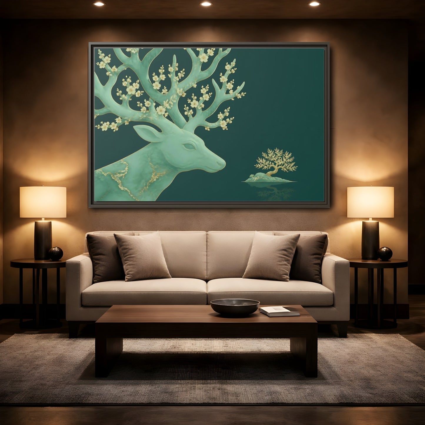Mockup 2. Blossoming Jade Stag shown as framed canvas print