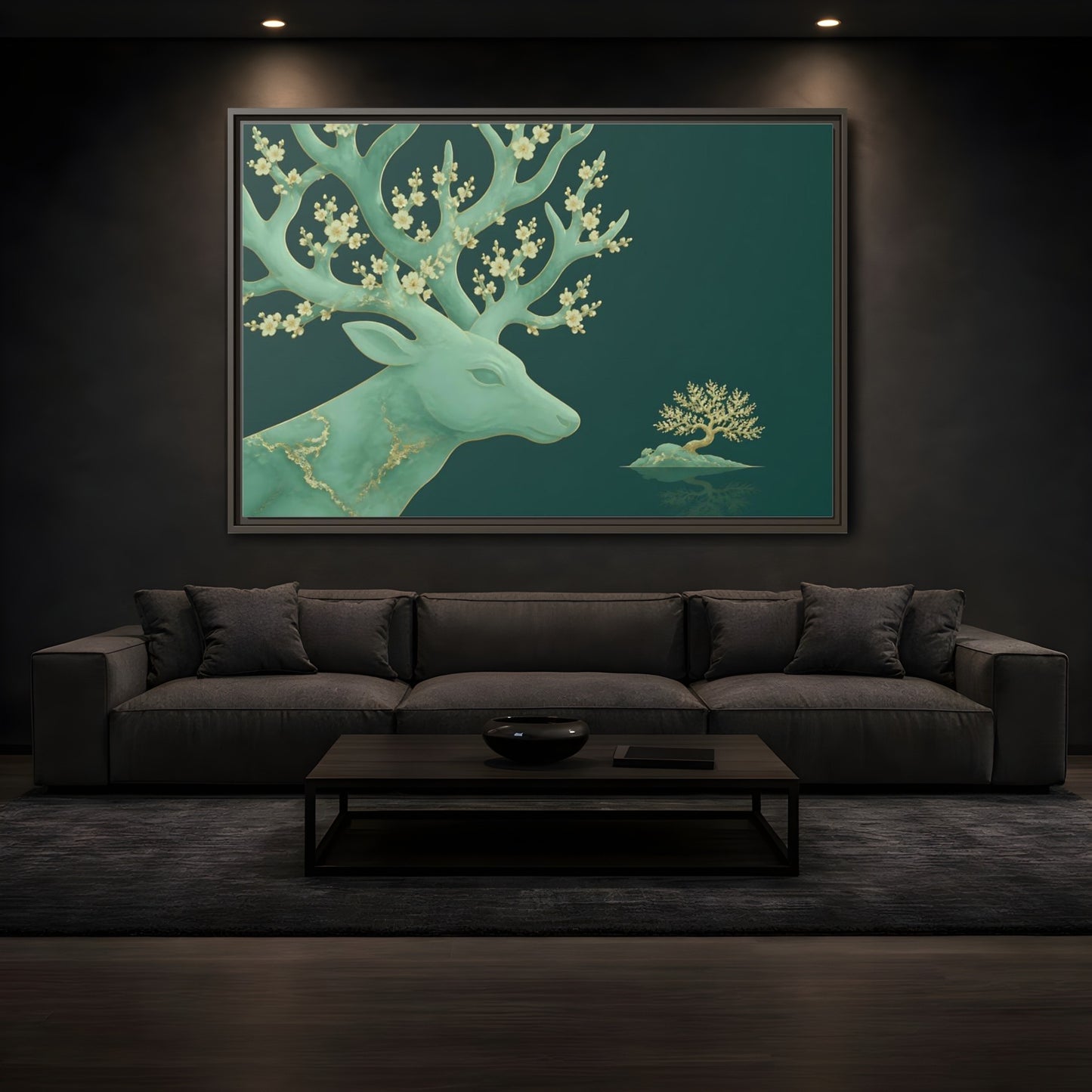 Mockup 3. Blossoming Jade Stag shown as framed canvas print
