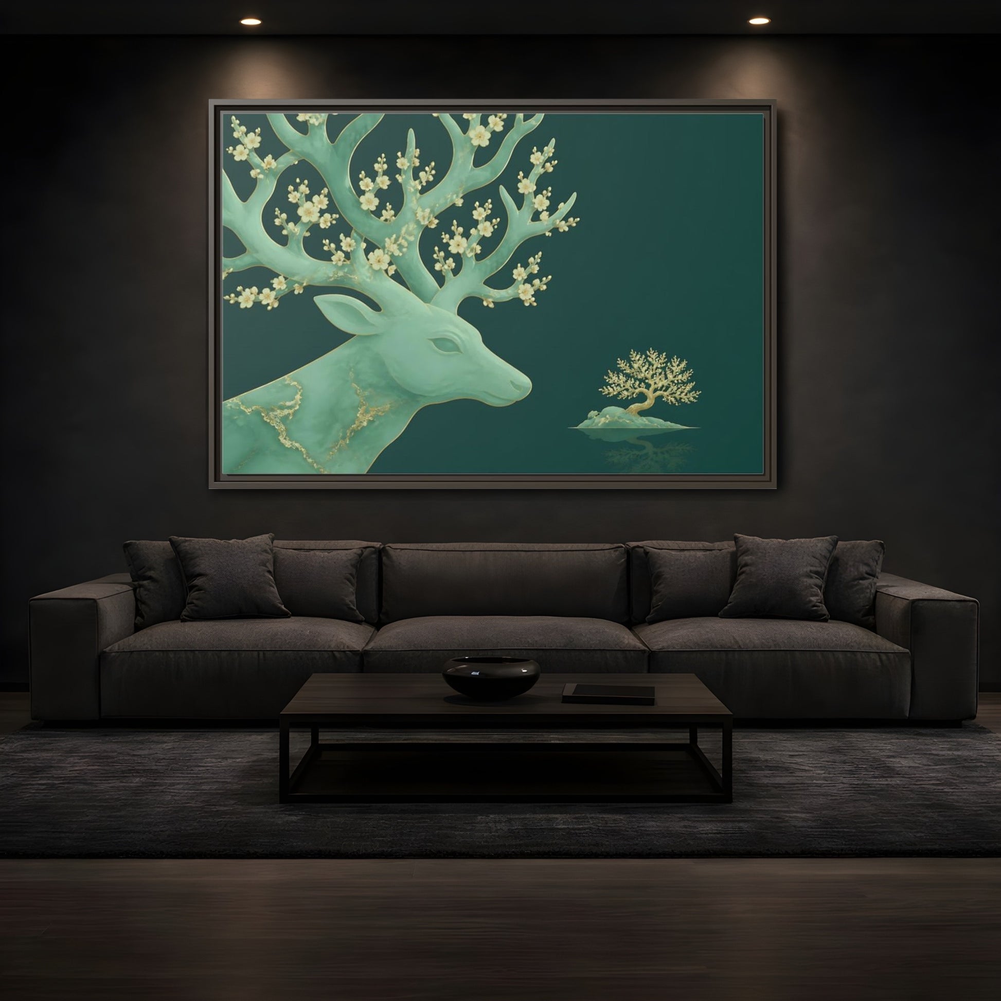 Mockup 3. Blossoming Jade Stag shown as framed canvas print