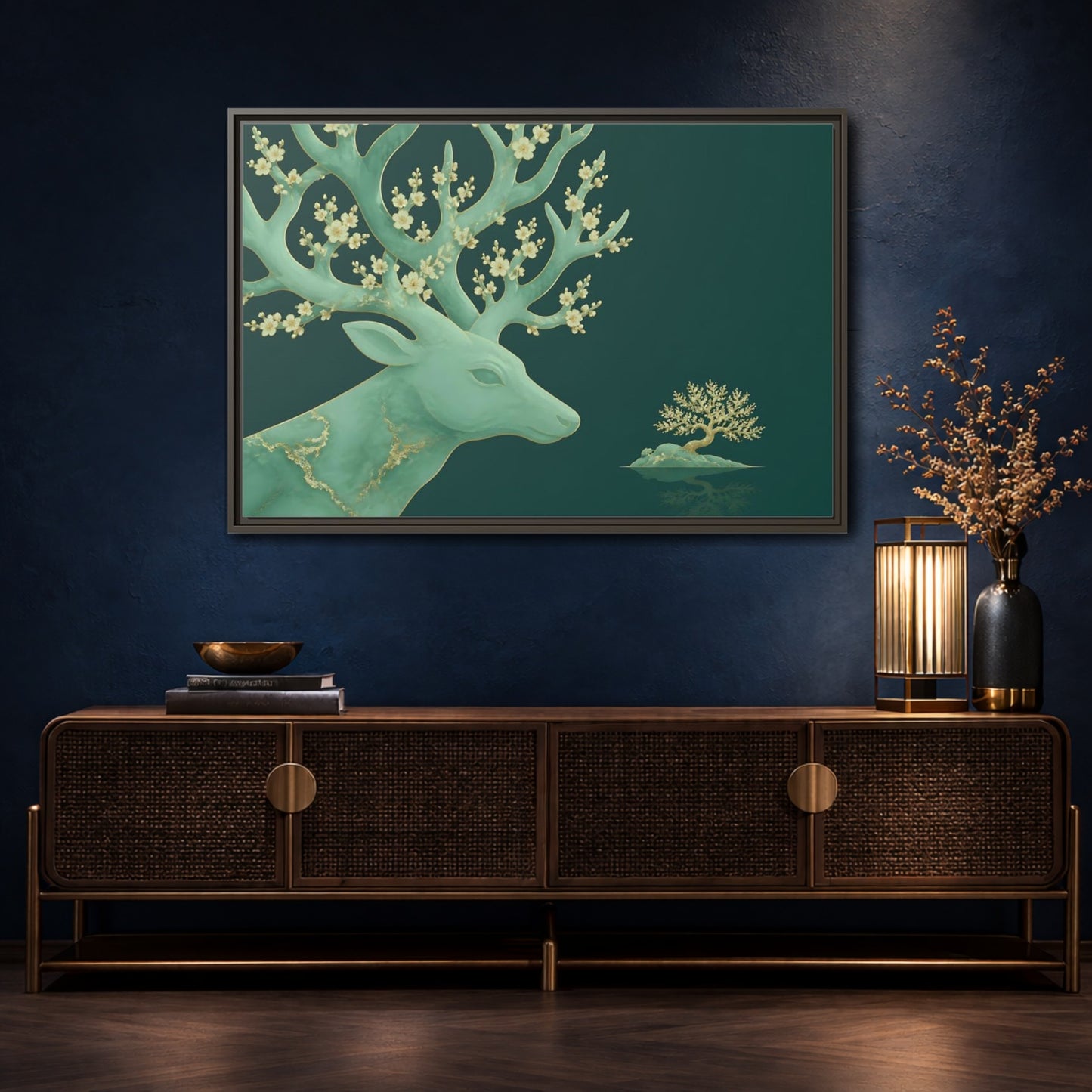 Mockup 4. Blossoming Jade Stag shown as framed canvas print