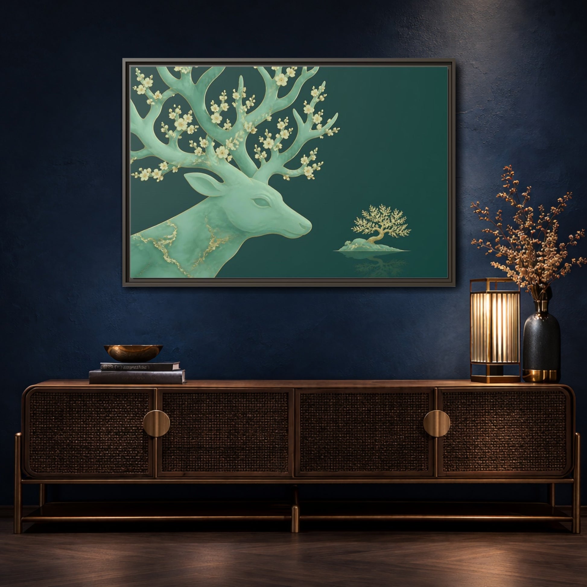 Mockup 4. Blossoming Jade Stag shown as framed canvas print