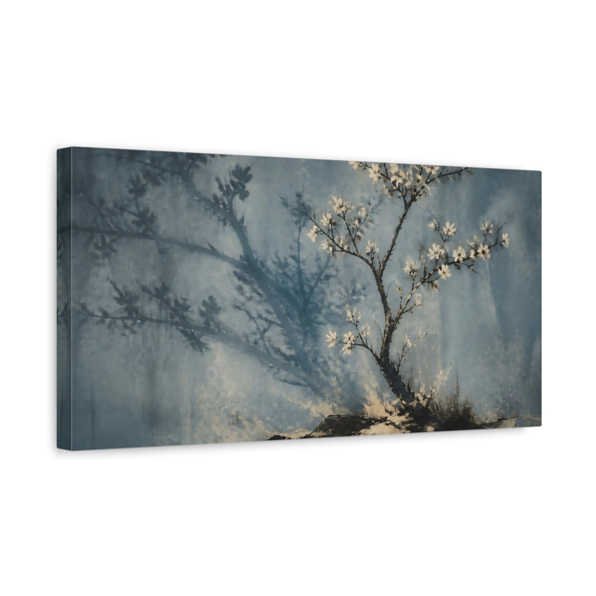 Side Mockup 3. Blue Blossom Shadow shown as canvas print
