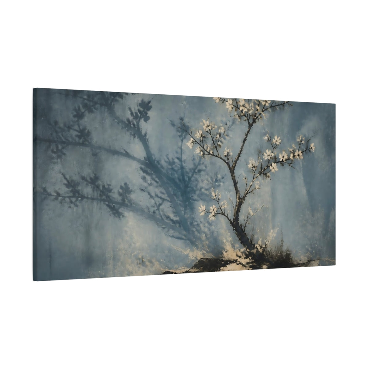 Side Mockup 2. Blue Blossom Shadow shown as canvas print