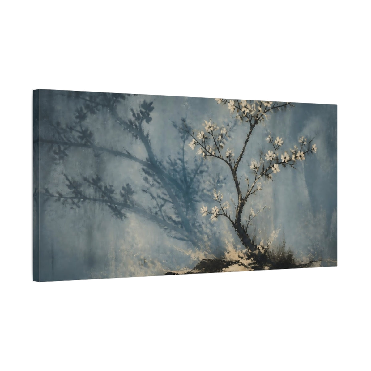 Side Mockup 1. Blue Blossom Shadow shown as canvas print
