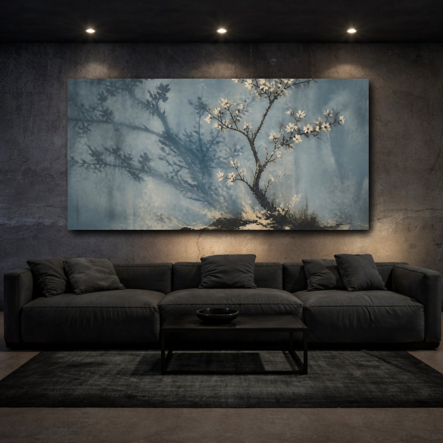 Mockup 3. Blue Blossom Shadow shown as canvas print