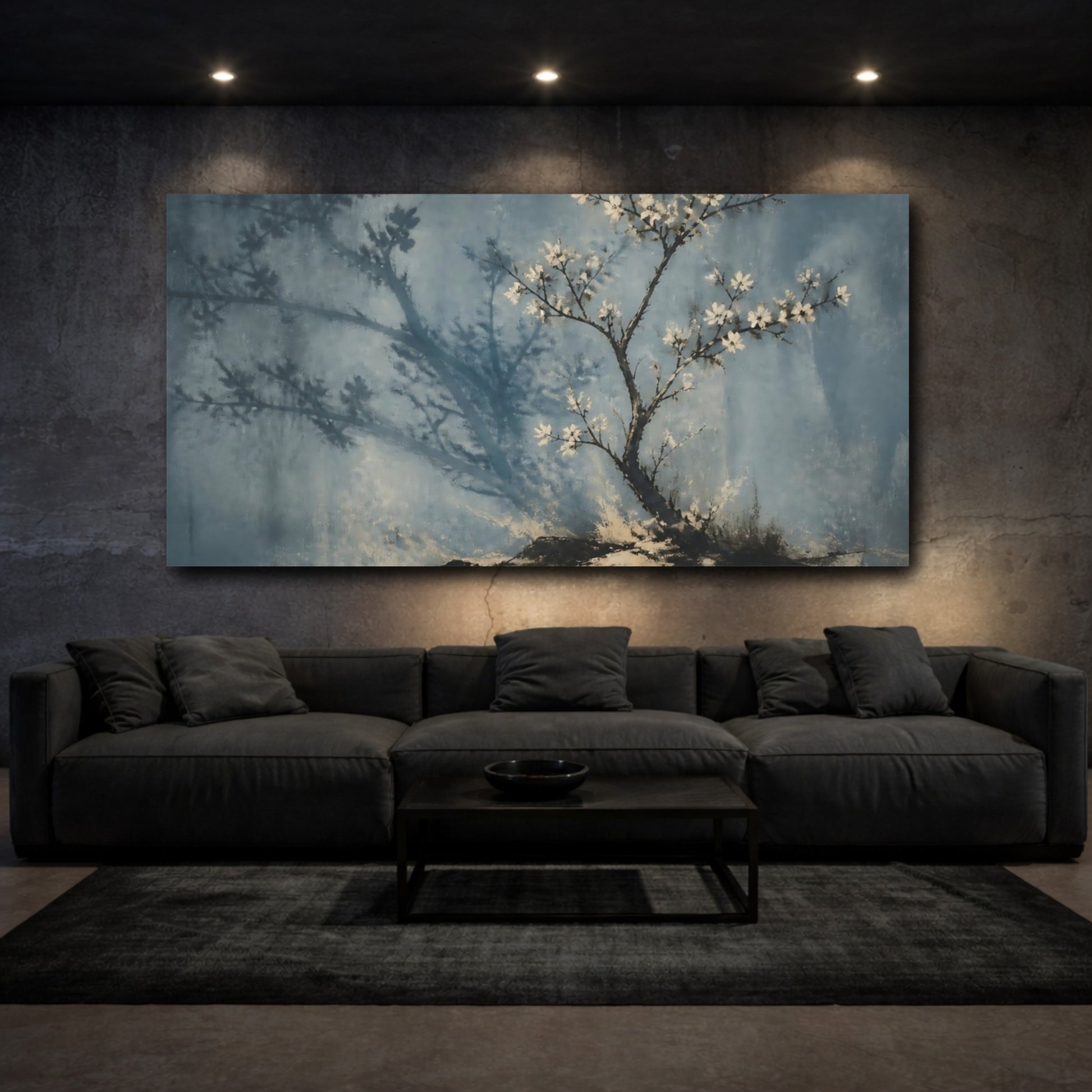 Mockup 3. Blue Blossom Shadow shown as canvas print