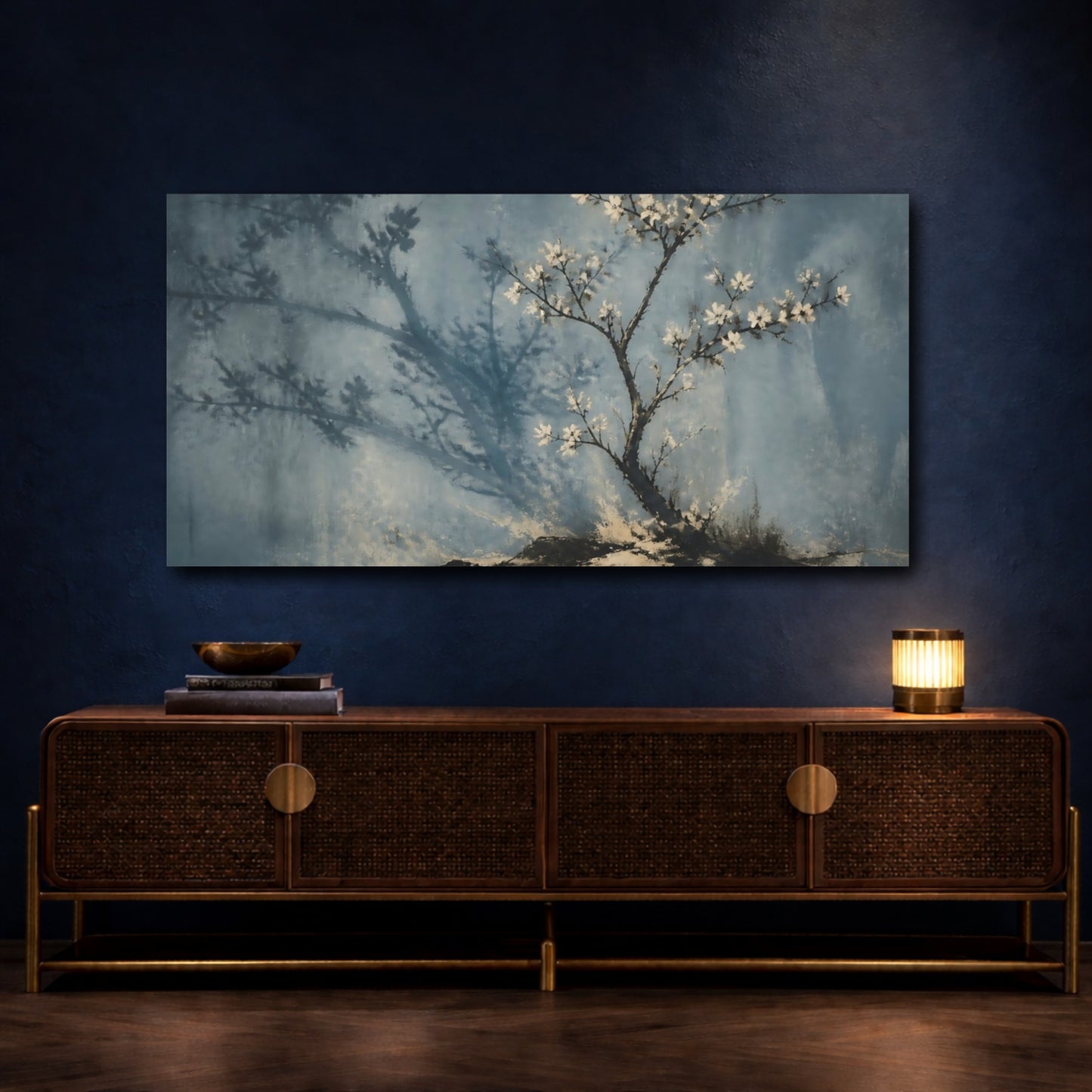 Mockup 4. Blue Blossom Shadow shown as canvas print