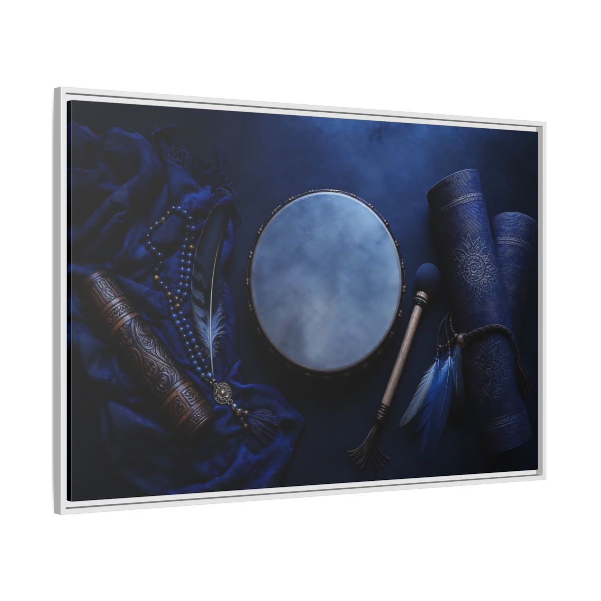 Side Mockup 7. Blue Boho Frame Drum shown as framed canvas print