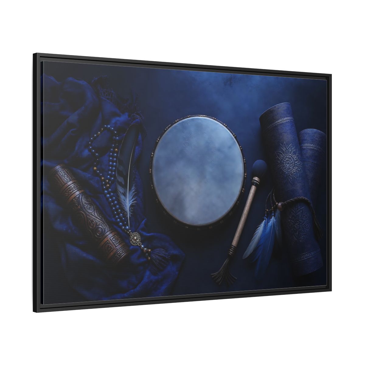 Side Mockup 12. Blue Boho Frame Drum shown as framed canvas print