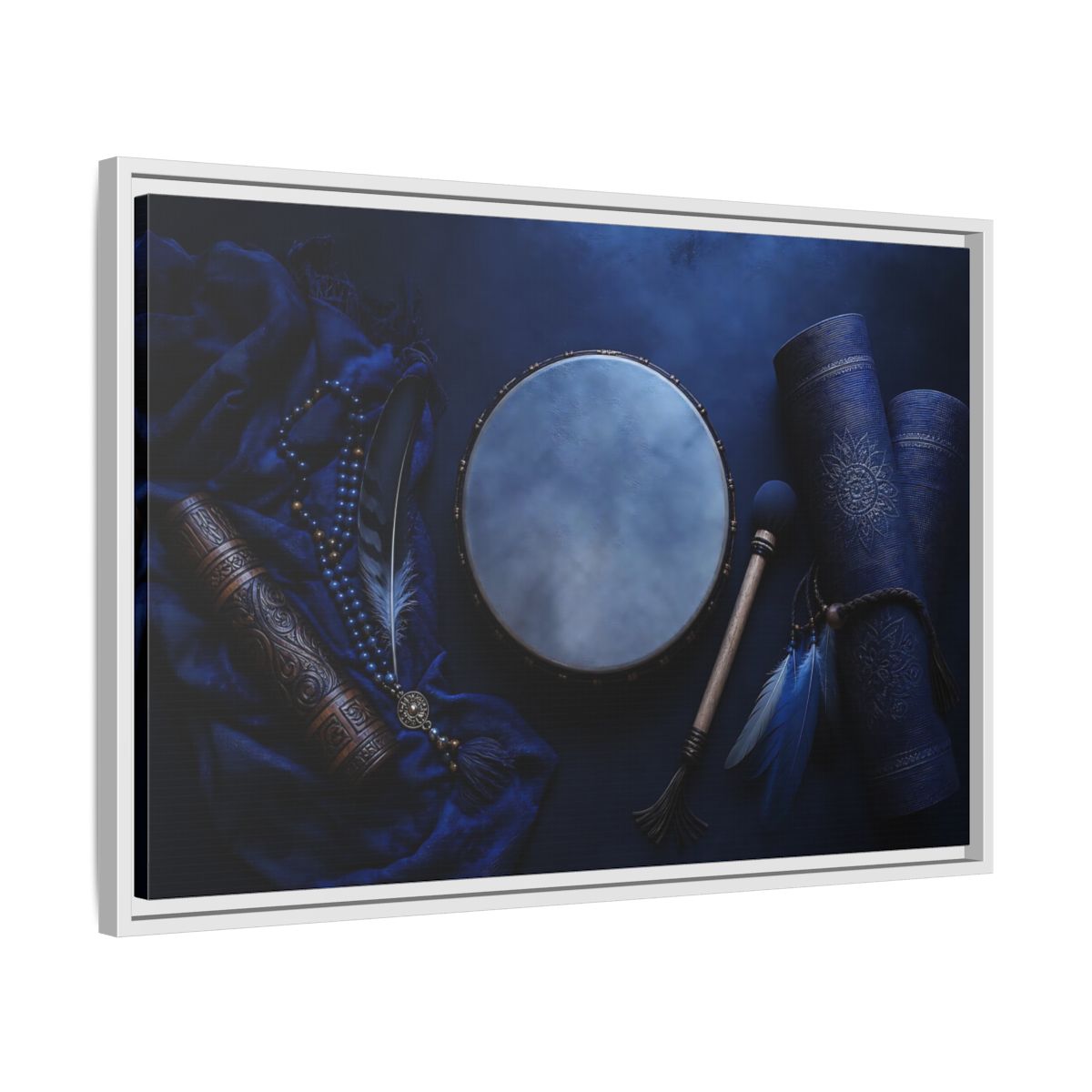 Side Mockup 10. Blue Boho Frame Drum shown as framed canvas print