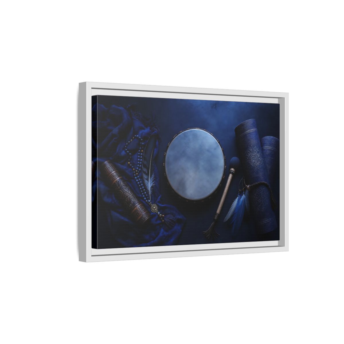 Side Mockup 4. Blue Boho Frame Drum shown as framed canvas print