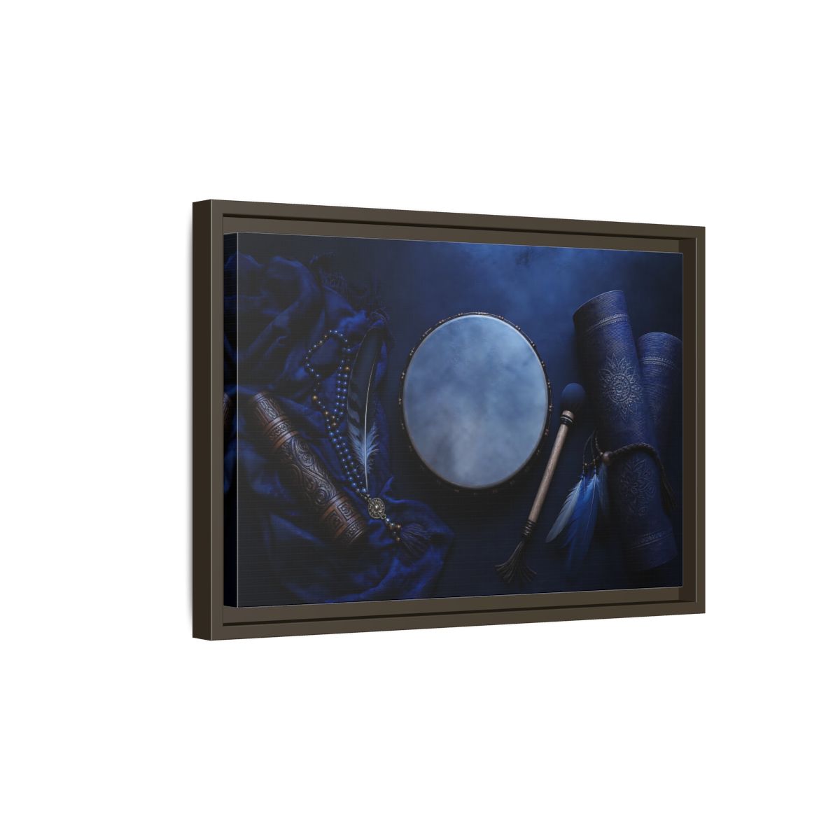 Side Mockup 5. Blue Boho Frame Drum shown as framed canvas print