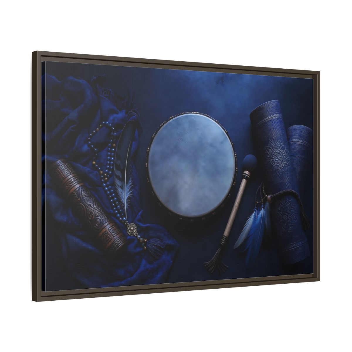 Main Mockup. Blue Boho Frame Drum shown as framed canvas print