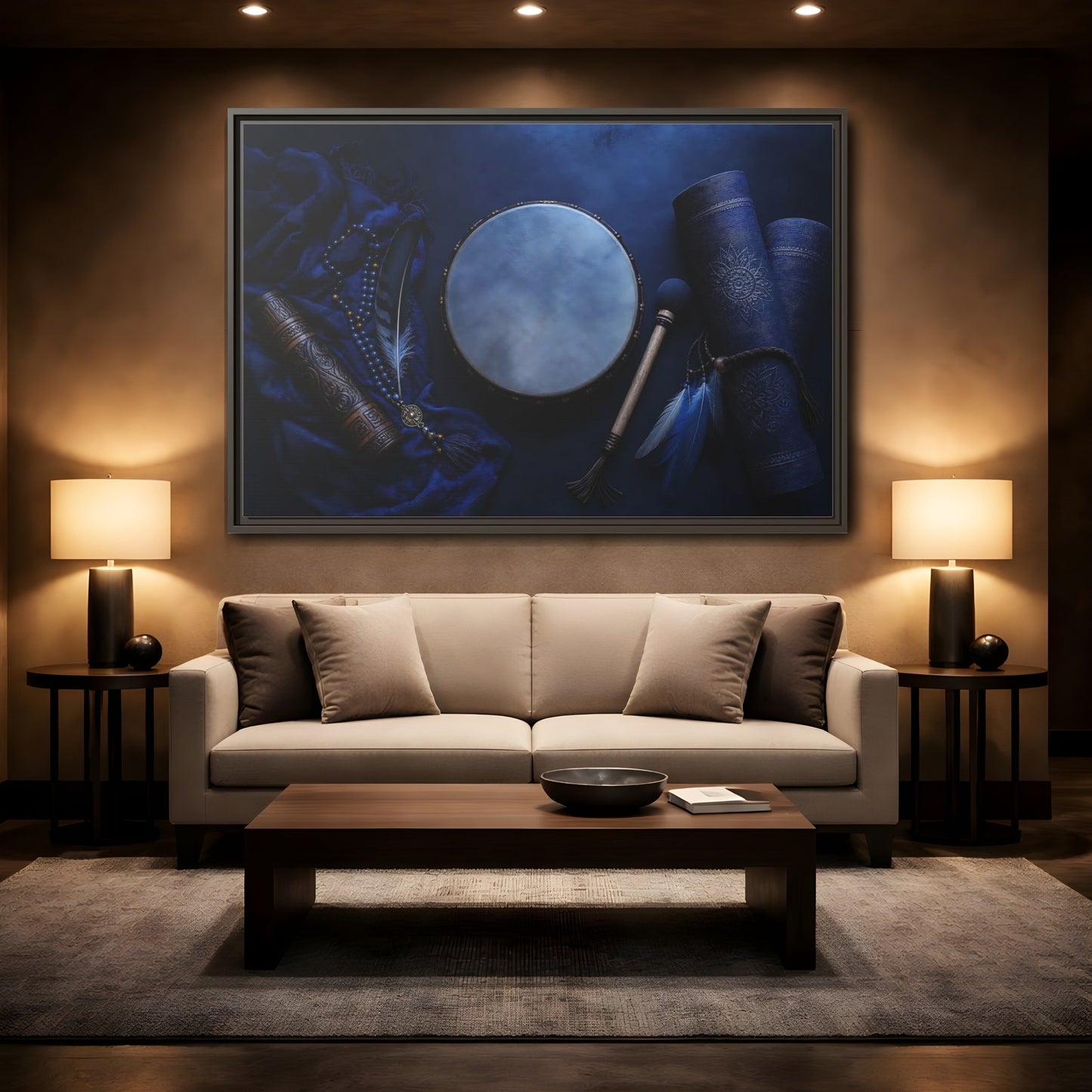 Mockup 2. Blue Boho Frame Drum shown as framed canvas print