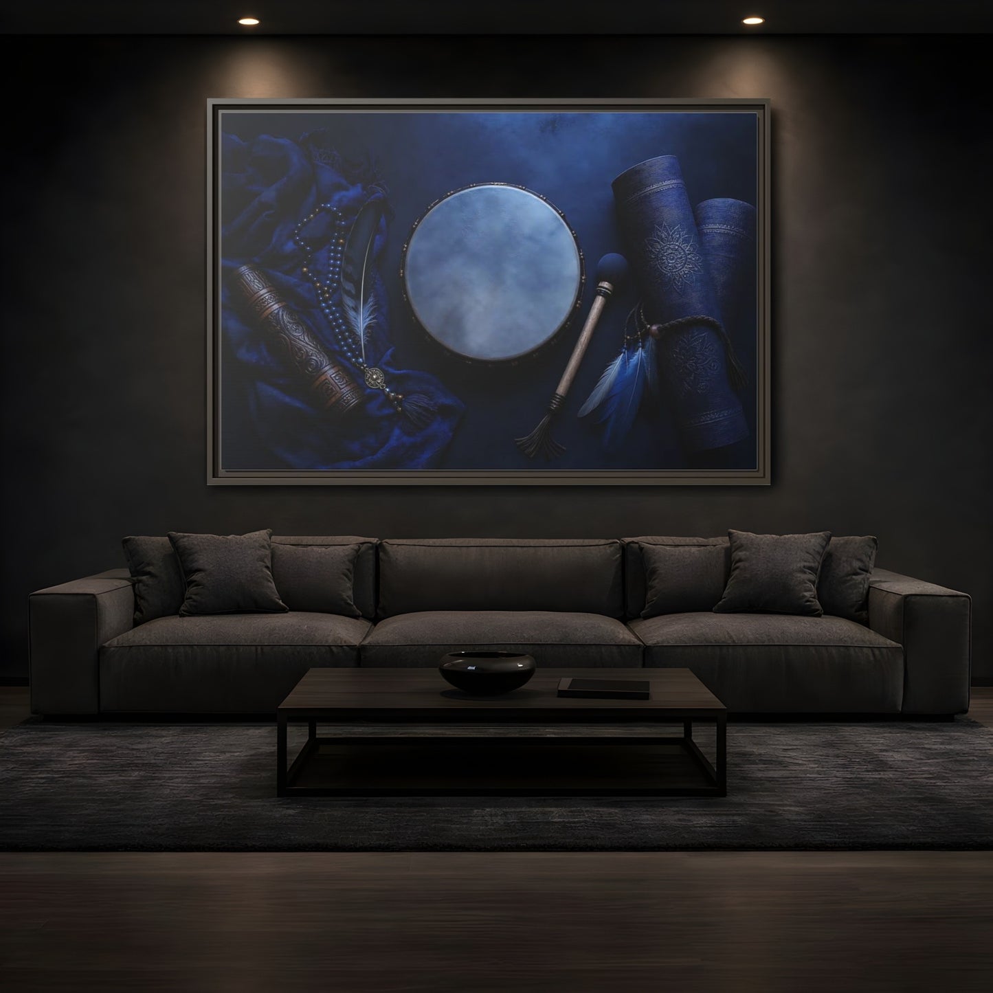 Mockup 3. Blue Boho Frame Drum shown as framed canvas print