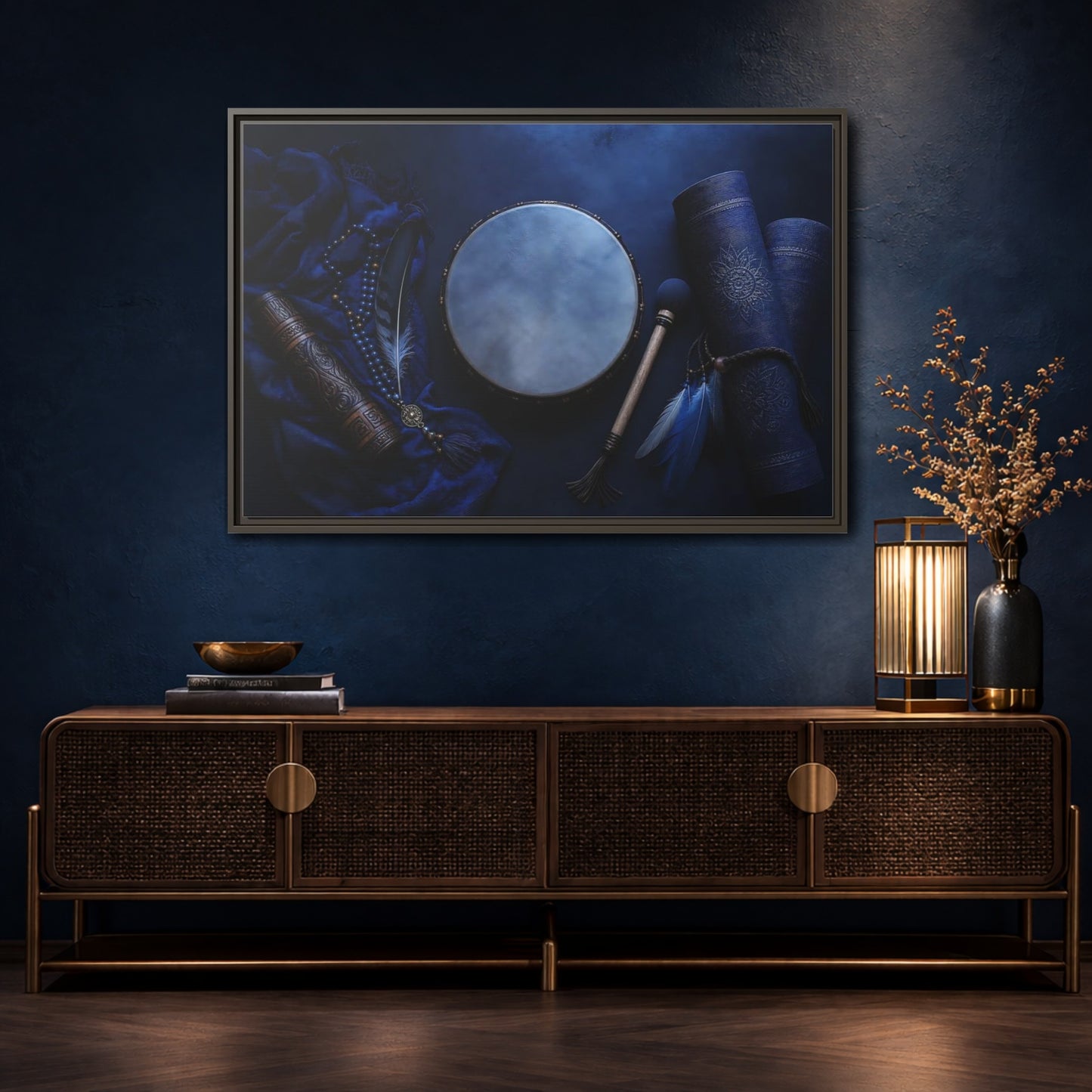 Mockup 4. Blue Boho Frame Drum shown as framed canvas print