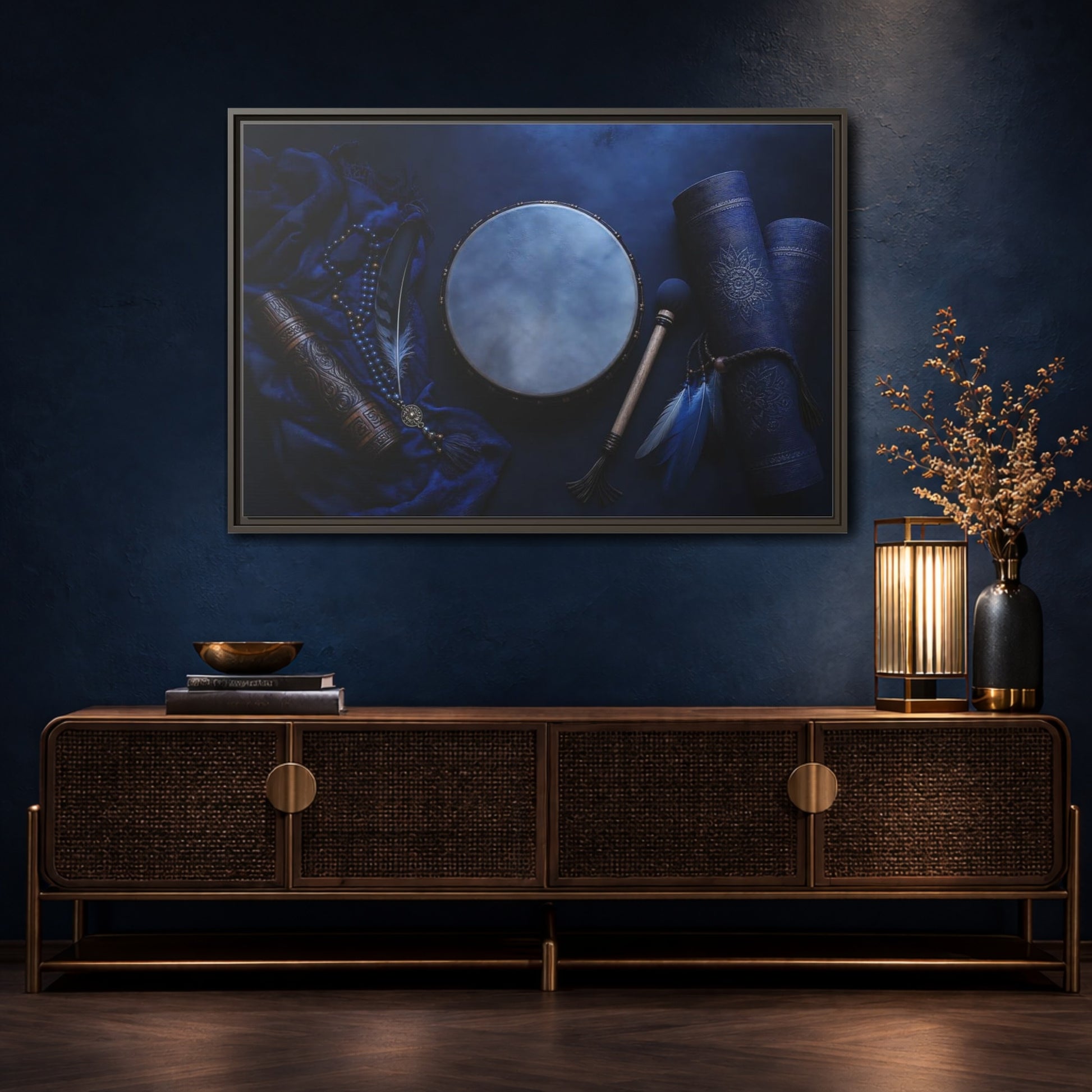 Mockup 4. Blue Boho Frame Drum shown as framed canvas print
