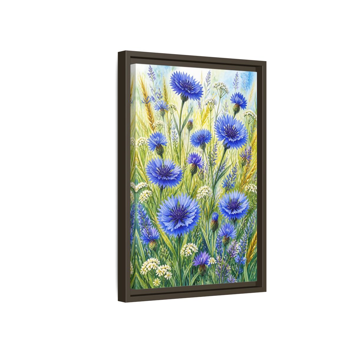 Side Mockup 5. Blue Cornflower Meadow shown as framed canvas print