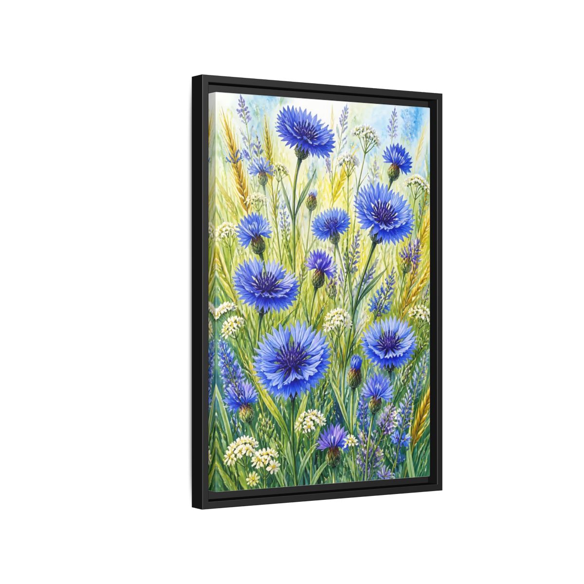 Side Mockup 3. Blue Cornflower Meadow shown as framed canvas print