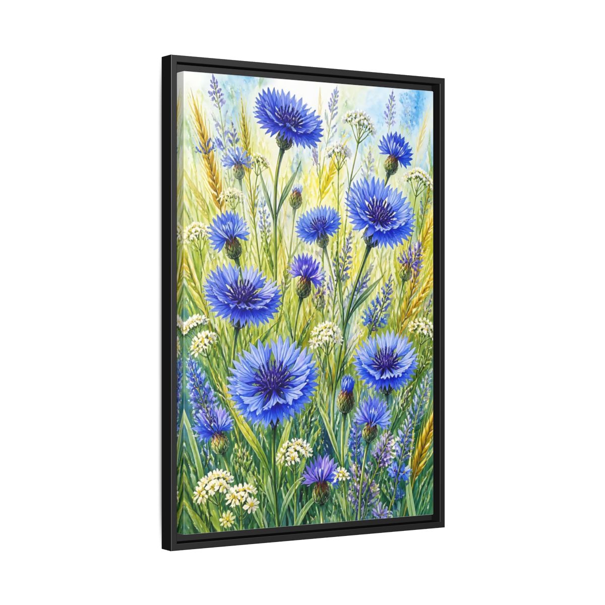 Side Mockup 14. Blue Cornflower Meadow shown as framed canvas print