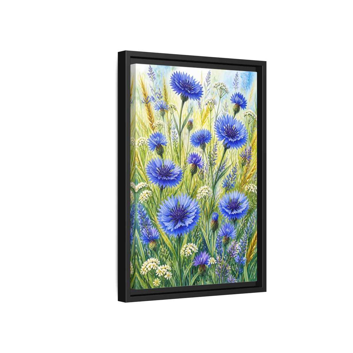 Side Mockup 6. Blue Cornflower Meadow shown as framed canvas print