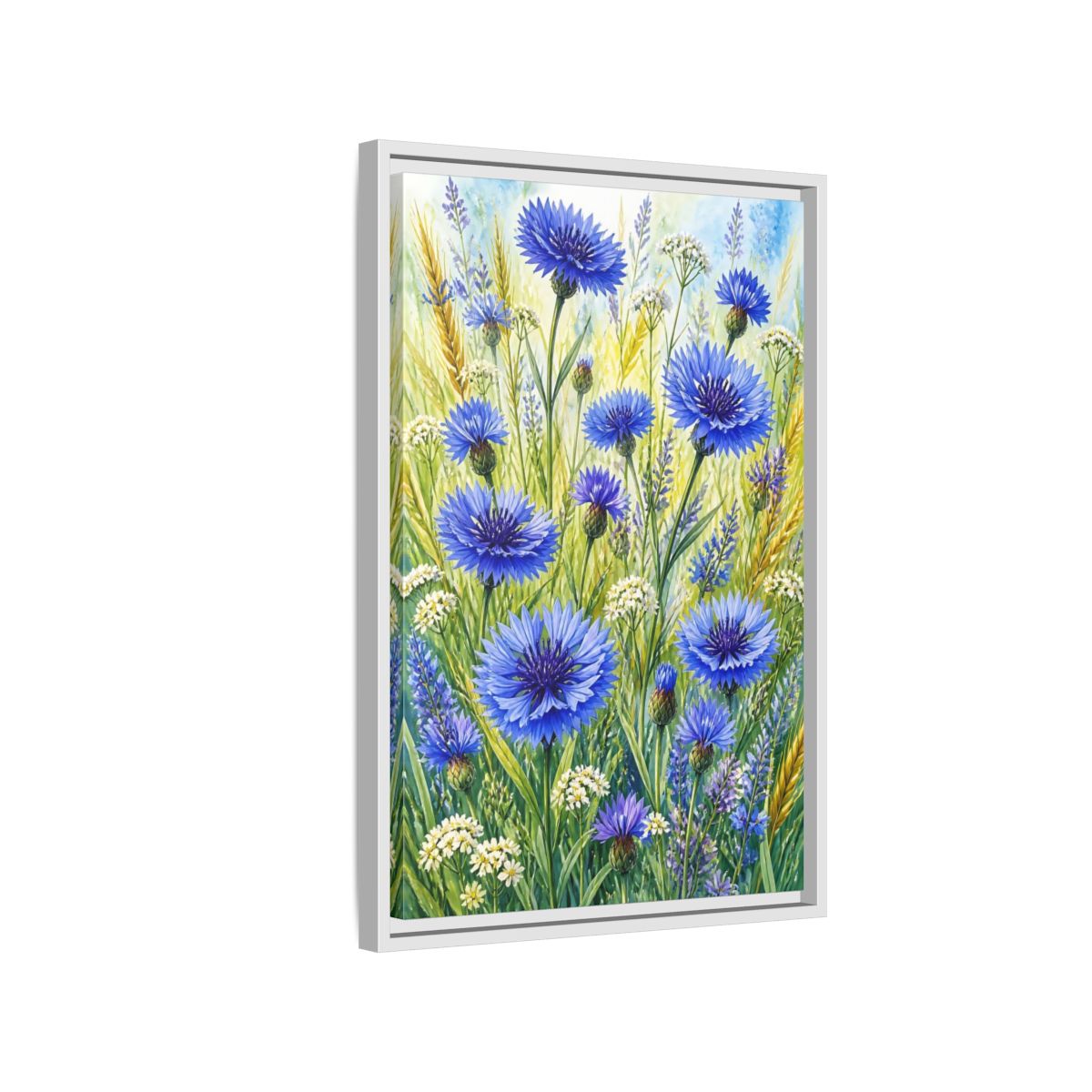 Side Mockup 1. Blue Cornflower Meadow shown as framed canvas print