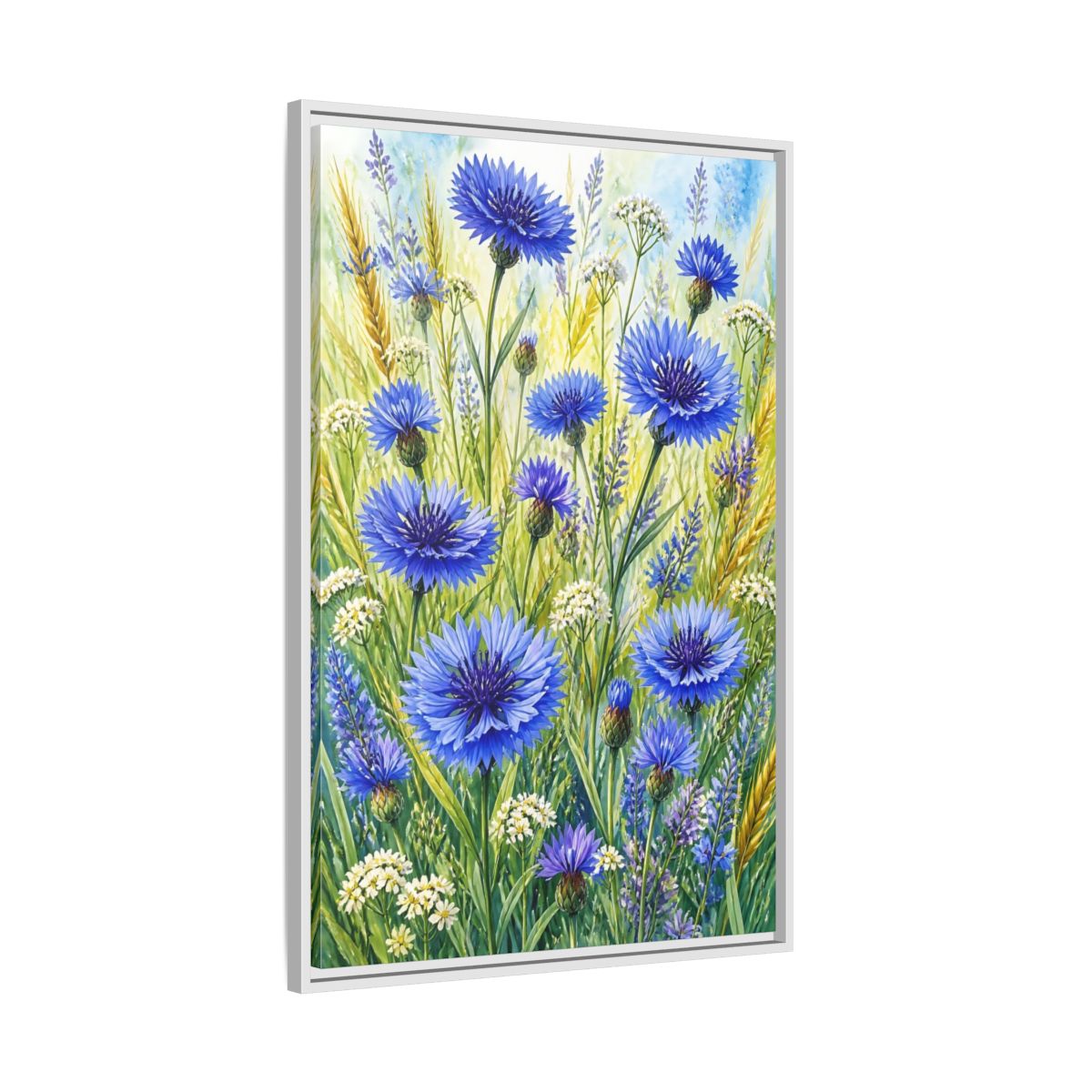Side Mockup 9. Blue Cornflower Meadow shown as framed canvas print