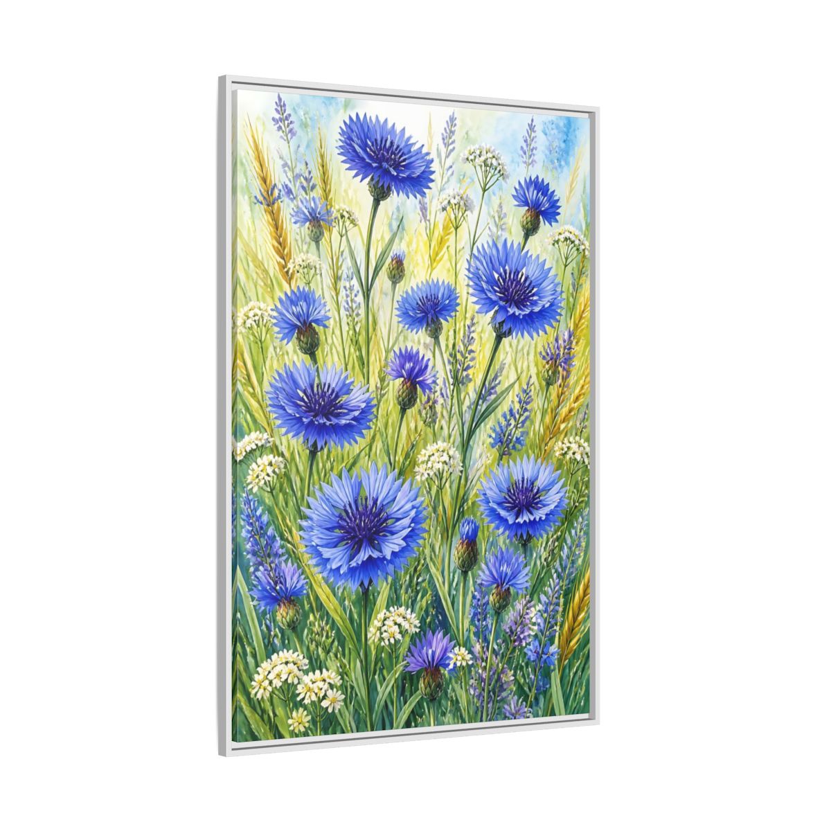 Side Mockup 7. Blue Cornflower Meadow shown as framed canvas print
