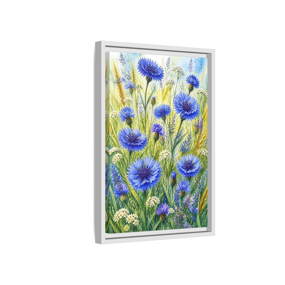 Side Mockup 4. Blue Cornflower Meadow shown as framed canvas print