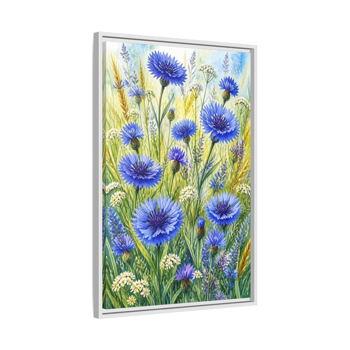 Side Mockup 10. Blue Cornflower Meadow shown as framed canvas print