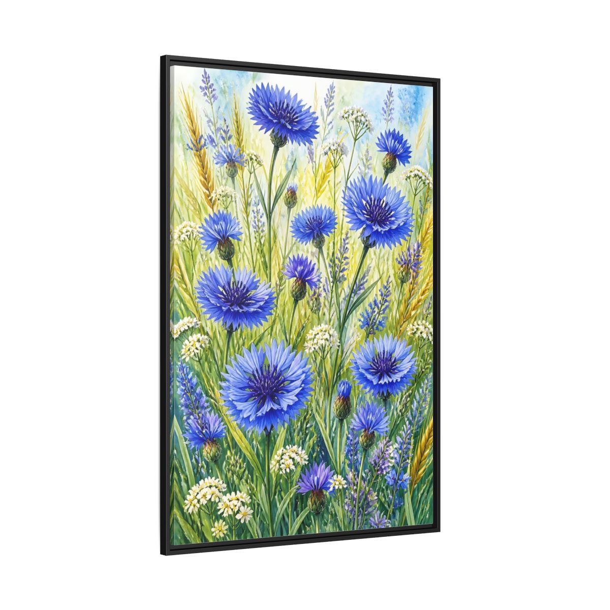 Side Mockup 12. Blue Cornflower Meadow shown as framed canvas print