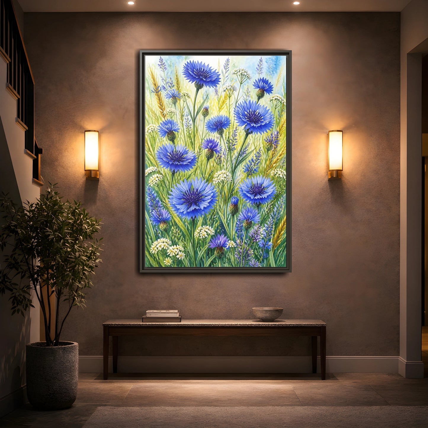 Mockup 2. Blue Cornflower Meadow shown as framed canvas print