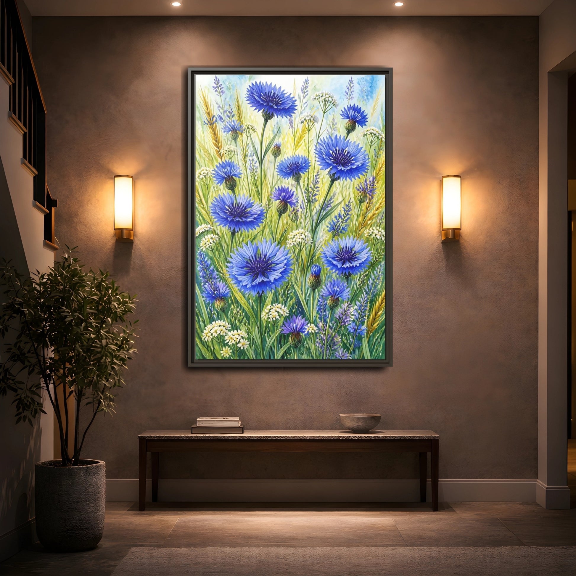 Mockup 2. Blue Cornflower Meadow shown as framed canvas print