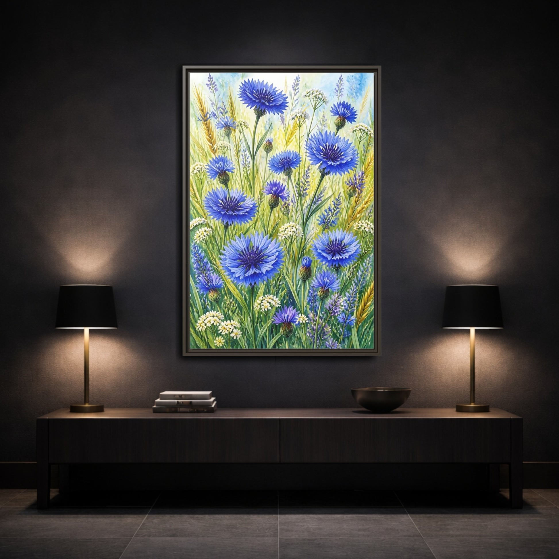 Mockup 3. Blue Cornflower Meadow shown as framed canvas print