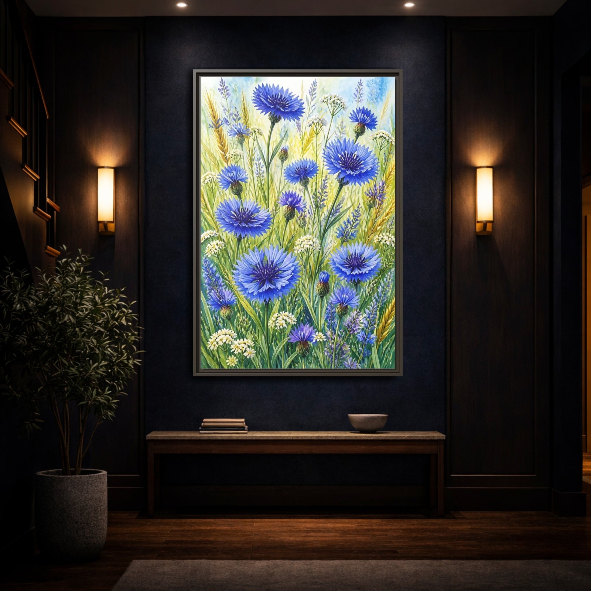 Mockup 4. Blue Cornflower Meadow shown as framed canvas print