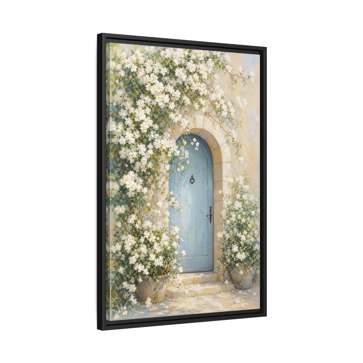 Side Mockup 14. Blue Door With White Blossoms shown as framed canvas print