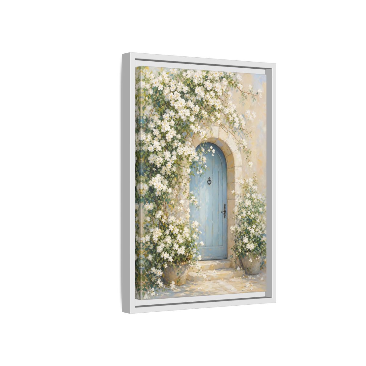 Side Mockup 4. Blue Door With White Blossoms shown as framed canvas print