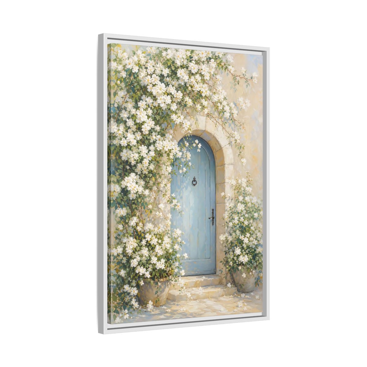 Side Mockup 10. Blue Door With White Blossoms shown as framed canvas print