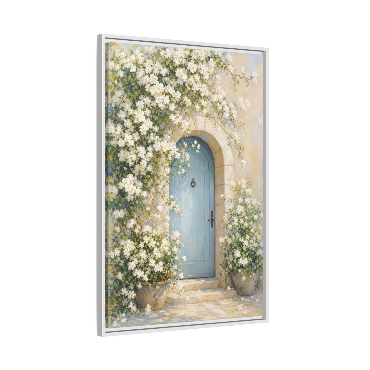 Side Mockup 9. Blue Door With White Blossoms shown as framed canvas print