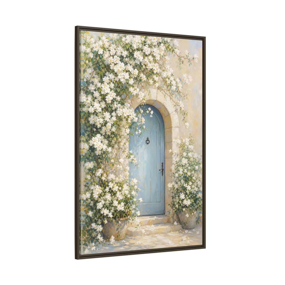 Side Mockup 8. Blue Door With White Blossoms shown as framed canvas print