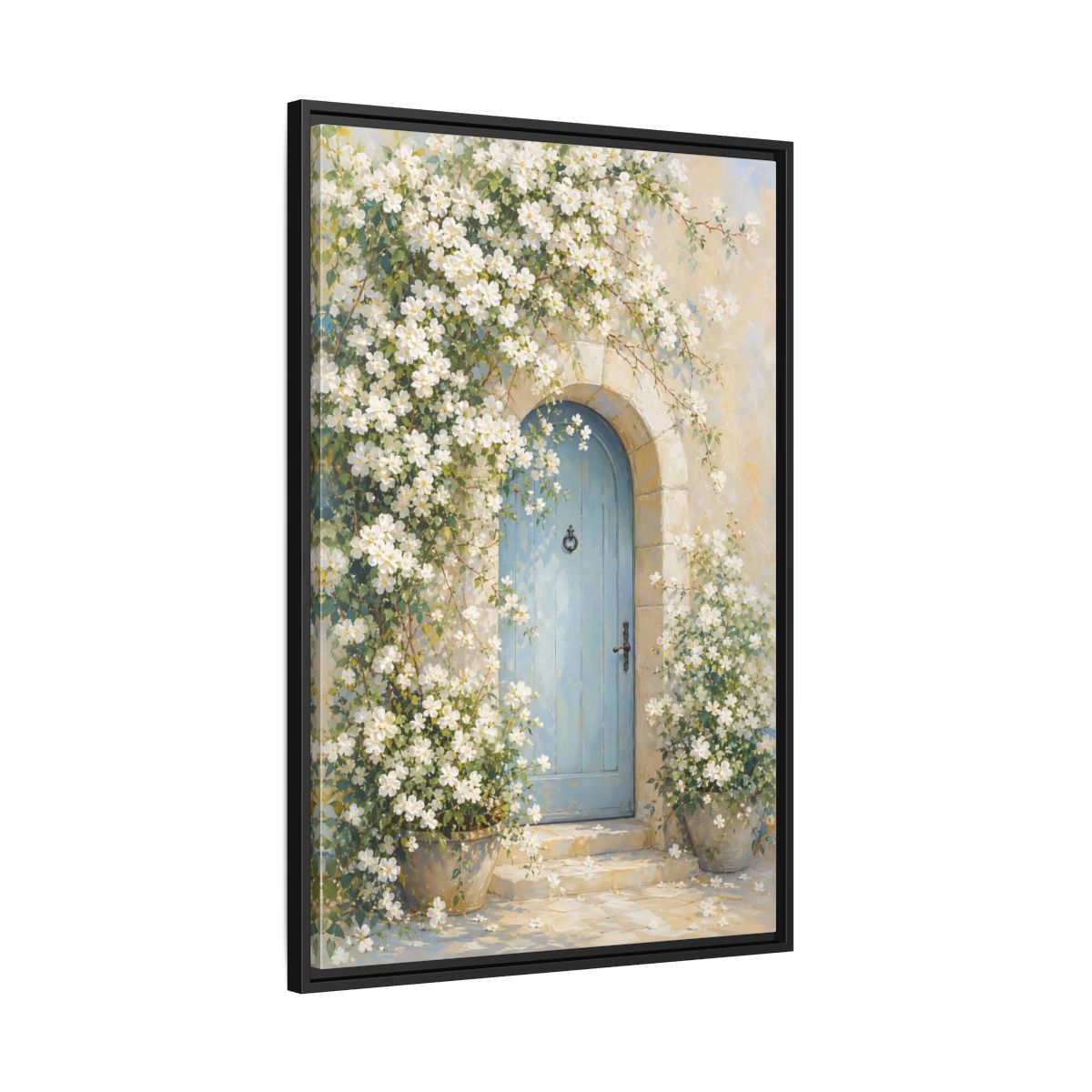 Side Mockup 13. Blue Door With White Blossoms shown as framed canvas print