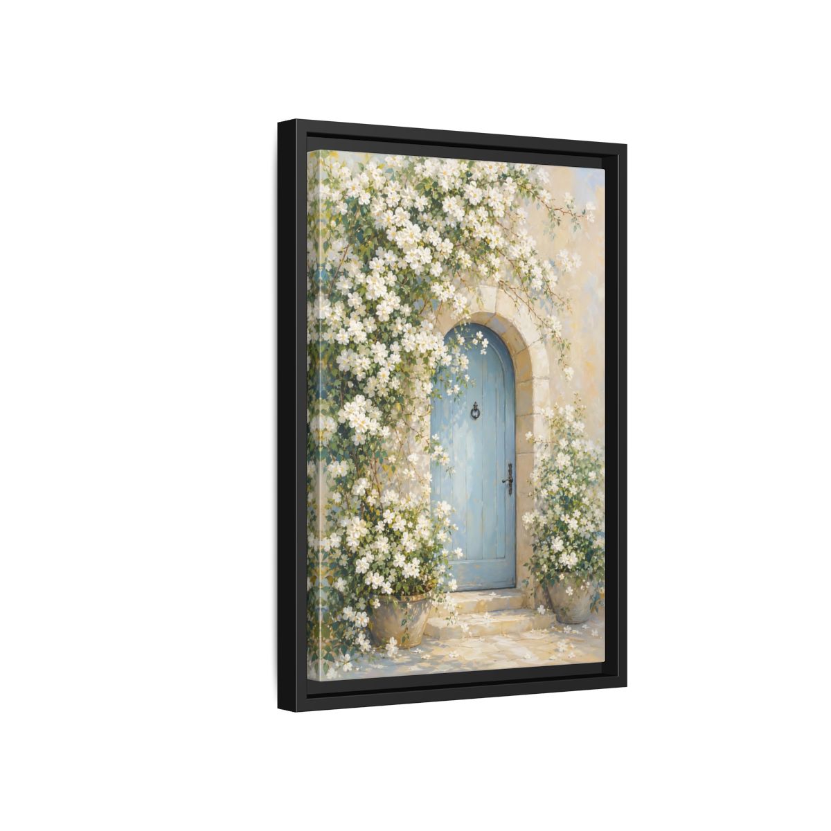 Side Mockup 6. Blue Door With White Blossoms shown as framed canvas print