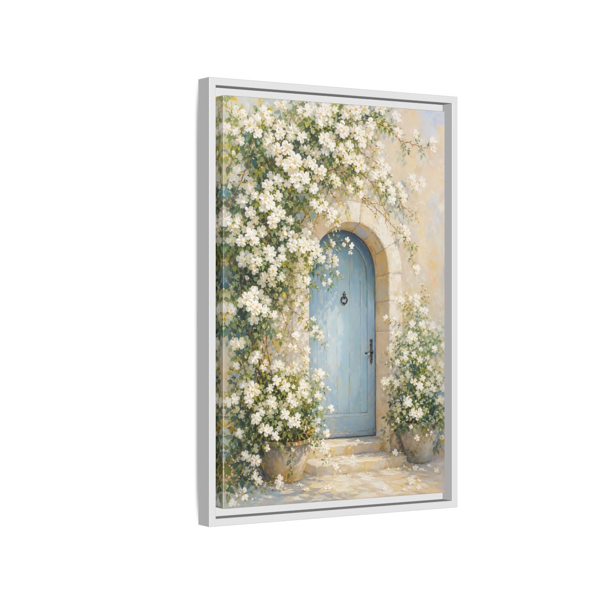 Side Mockup 1. Blue Door With White Blossoms shown as framed canvas print