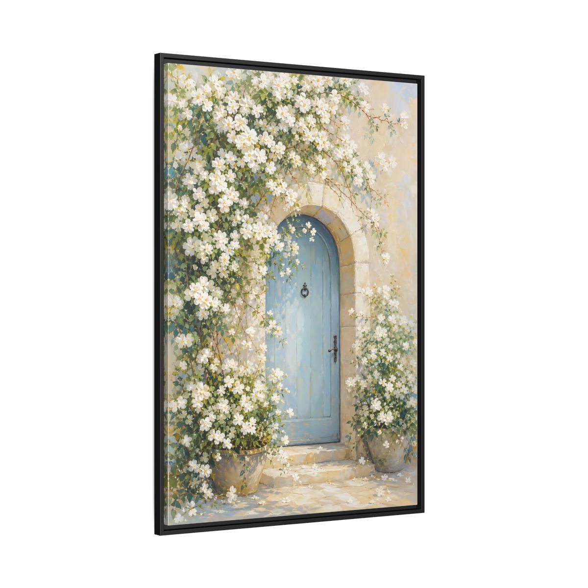Side Mockup 12. Blue Door With White Blossoms shown as framed canvas print