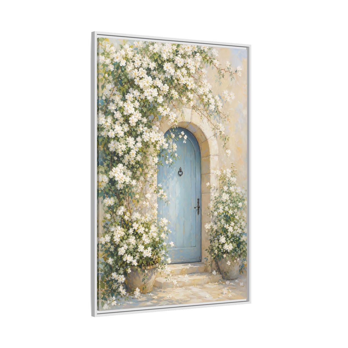 Side Mockup 7. Blue Door With White Blossoms shown as framed canvas print