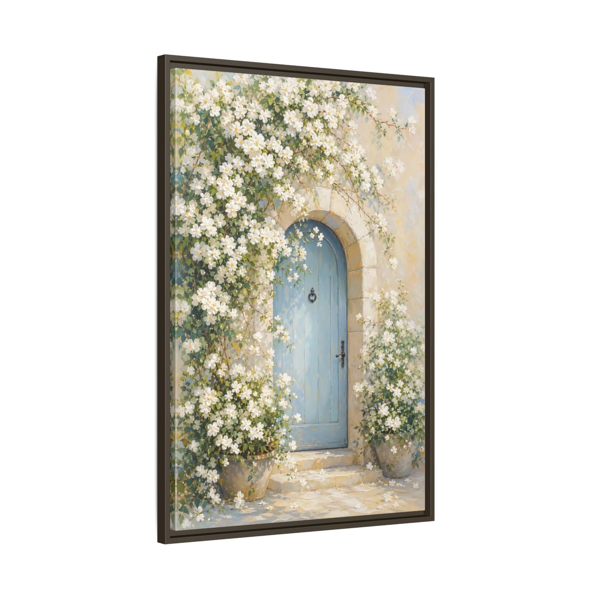 Main Mockup. Blue Door With White Blossoms shown as framed canvas print